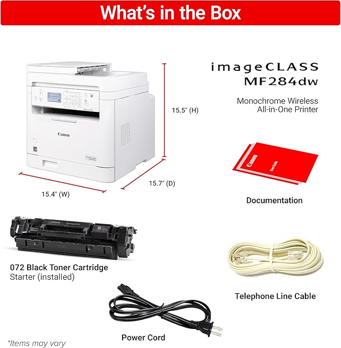 Canon imageCLASS MF284dw - Monochrome, Duplex, Wireless Laser Printer, Multifunction with Print, Copy, Scan, Auto Document Feeder, 1 Year Limited Warranty, 35 PPM, White