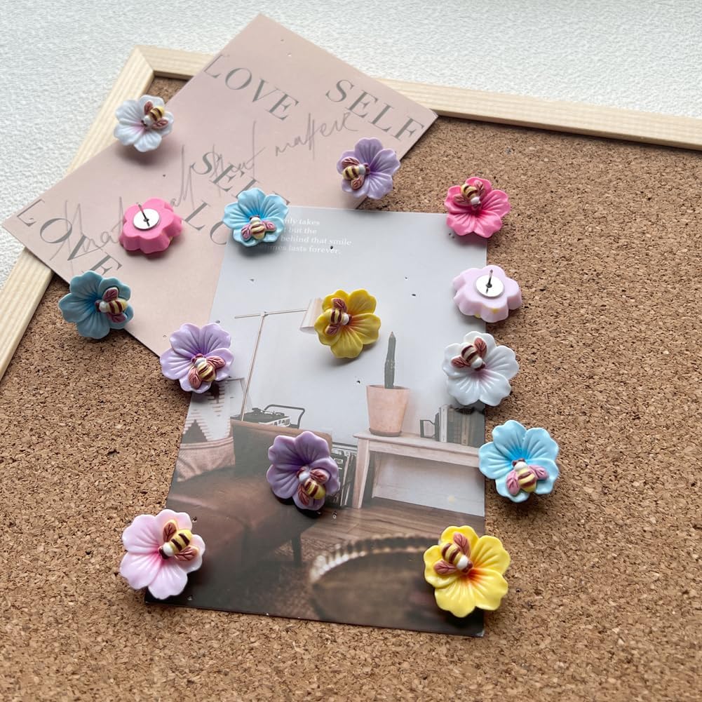 Cute bee Flower thumbtack Bulletin Board thumbtack, Soft Wooden Board thumbtack, Suitable for Classroom and Office Bulletin Board, Photo Wall Decoration thumbtack (60 Pcs)