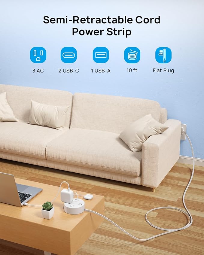 TROND Flat Plug Power Strip - Extension Cord 10FT Semi-Retractable, Power Strip with 3 AC Outlets 3 USB Ports (2 USB C), Cruise Ship Essentials, Desktop Charging Station for Home, Hotel, Dorm