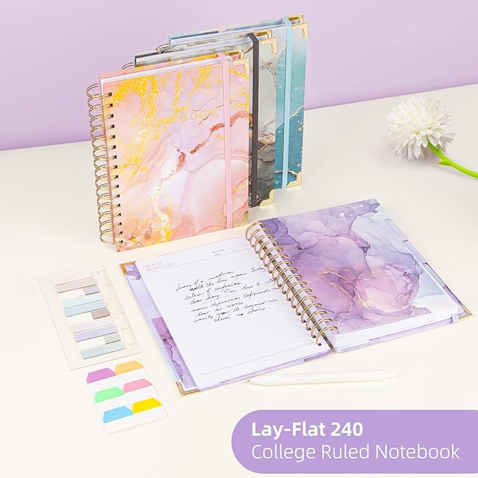 Spiral Notebooks for Work, 240 Pages Lined Spiral Journal Notebook, 5 Subject A5 College Ruled Journals for Writing, 8.6”x6.2''Journaling Notebooks for School Office Supplies(Purple Marble)