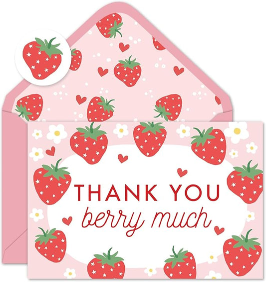 Whaline 50 Packs Strawberry Thank You Cards Red Pink Strawberry Flower Greeting Cards Blank Note Cards Boxed with Envelopes and Stickers for Birthday Baby Shower, 4 x 6 Inch