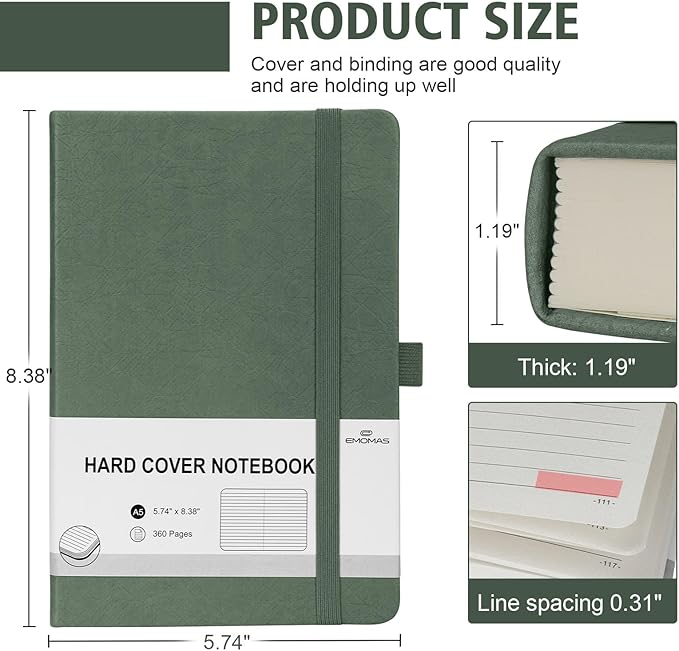 Lined Journal Notebook, 360 Numbered Pages(With page number), Thick Journal for Writing A5 College Ruled Notebook, 100gsm Lined Paper, Leather Hardcover, 5.75'' X 8.38''-Morandi Green