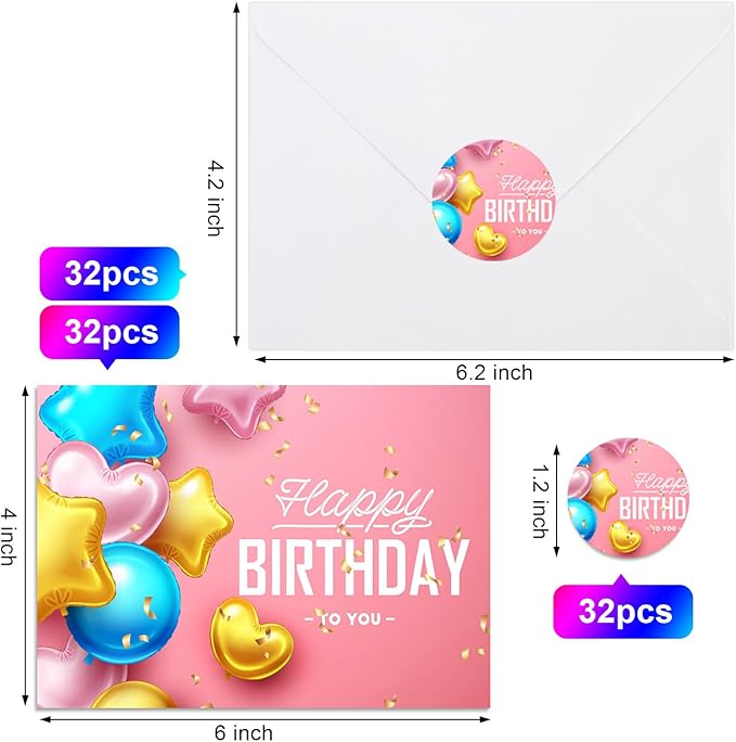 Joyberg 32 PCS Happy Birthday Cards Bulk with Envelopes, 4x6 Assorted Birthday Cards