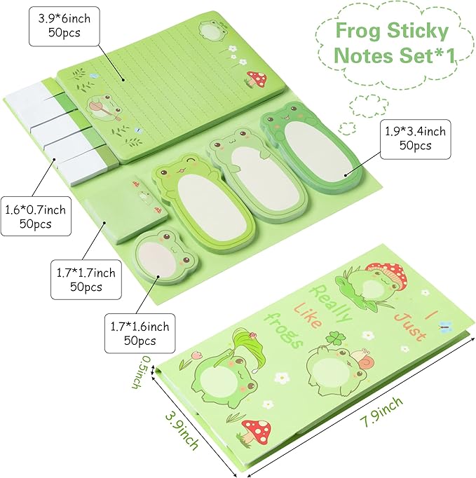 I Just Really Like Frogs Sticky Notes Set, 550 Sheets, Cute Cartoon Frogs Self-Stick Notes Pads Animal Divider Tabs Bundle Writing Memo Pads Back to School Office Supplies Small Gift