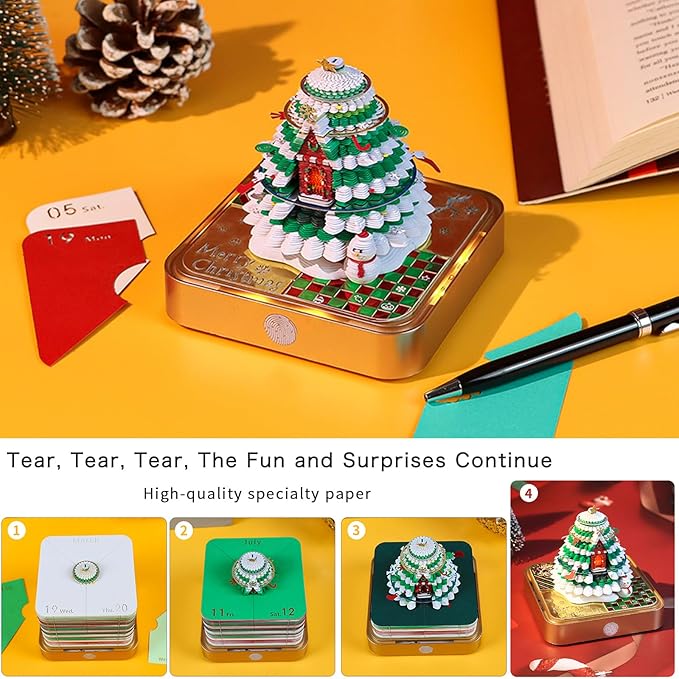 Time Piece Calendar, 3D Art Calendar Memo Pad 2025 Creative Desk Calendar with Light,Christmas Tree Rip Away Paper Carving Memo Pad Art Notepad Decorative Gifts