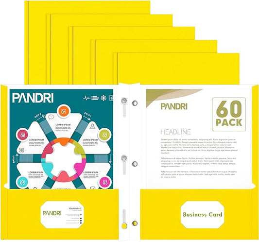 Two Pocket Folders, PANDRI 60 Pack Two Pocket Folders with Prongs, 3 Prong Folders Designed for Office and Classroom, Letter Size Yellow