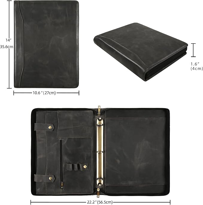 Portfolio Binder 3 Ring, Leather Binder Portfolio Folder for Left-Handed, Zippered Portfolio Padfolio Binder for Women, Leather Portfolio Organizer for Men (Grey, Non-Custom)