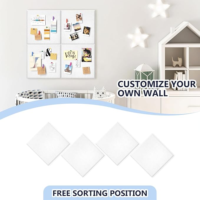 4 Pack Cork Board Tiles 12x12 Inches, 1/2" Thick Felt Cork Squares with 30 Push Pins, Bulletin Board Pin Board, Adhesive Cork Board for for Wall for Home, Office, and Kitchen (White)