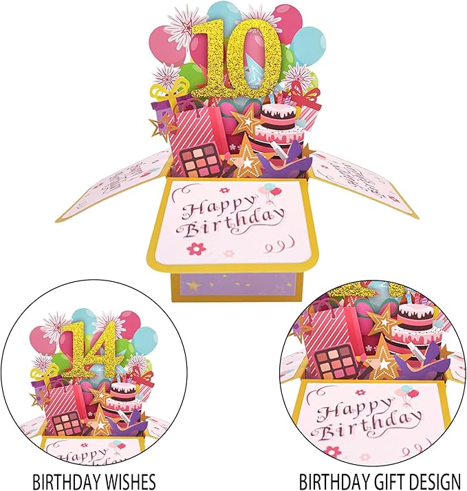 Asmallgf Happy 10th Birthday Popup Card for Daughter Niece, Best Birthday Gift for 10 Years Old Girl Boy, Sweet 10 Birthday Decorations for Him Her