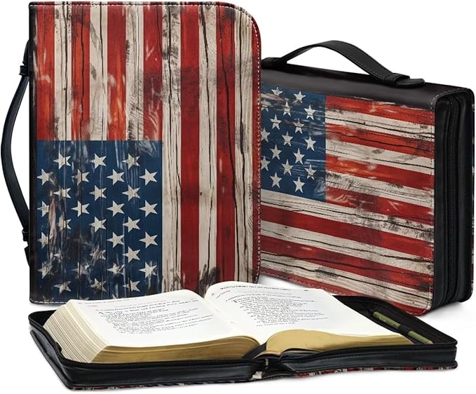Lotusorchid American Flag Print Bible Case for Men, Zippered PU Bible Book Cover with Handle Pocket Portable Bible Cover Case Bible Cover Carrier Carrying Organizer Bag for Women, XL