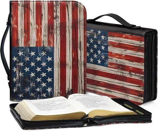 Lotusorchid American Flag Print Bible Case for Men, Zippered PU Bible Book Cover with Handle Pocket Portable Bible Cover Case Bible Cover Carrier Carrying Organizer Bag for Women, M