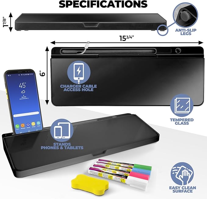 Desktop Dry Erase Board - Glass Erase Board - Black Desk Computer Buddy – Home Office & Studying Essentials - Phone & Tablet Slot, Storage Compartment - Includes 4 Markers, 1 Eraser.