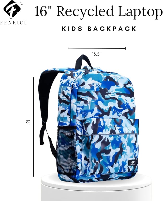 Fenrici Shark Backpack for Boys, Girls, Kids’ Camo Backpack for School, Lightweight, Durable, Multiple Compartments, Blue