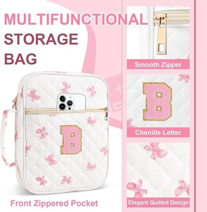 Personalized Initial Bible Cover Case for Women Girls Kid - Large Quilted Bible Case with Handle, Stylish Chenille Letter Bag Study Supplies, Perfect Christmas Gifts for Christians Women (Pink Bow-B)