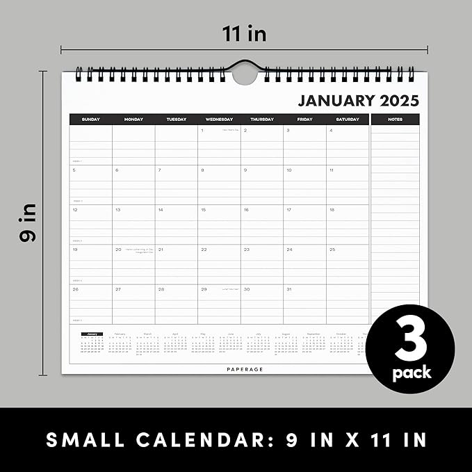 PAPERAGE Calendar 2025-12 Month, (Black), 3 Pack, Minimalist Wall and Desk Calendar with Monthly Views and Yearly Plans – Small (9 in x 11 in)