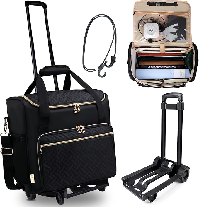 Rolling Teacher Tote Bag with Detachable Trolley, Wheeled Teacher Bag with 15 Inch Laptop Compartment, Soft Nylon Multifunctional Tote Bag with Wheels for Teaching& Office Supplies (Black)