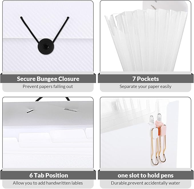 SKYDUE Expanding File Folder with 7 Pockets, Accordion File Organizer, Portable Folders for Documents, School Office Supplies Bungee Closure, Letter/A4 Size White