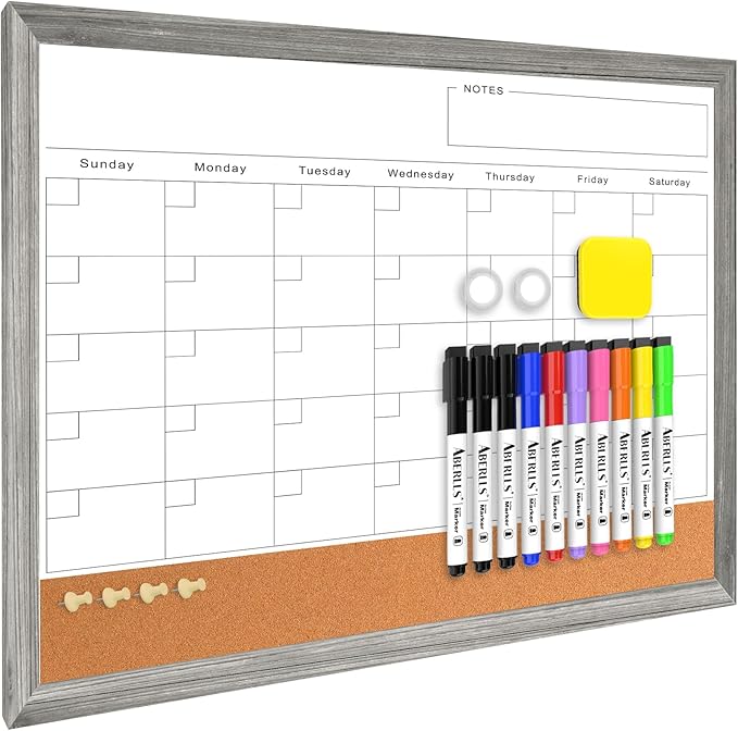 Monthly Whiteboard Calendar & Corkboard for Wall, Magnetic 17"x13" Dry Erase Board with Gray Wood Framed, 2in1 White Board Cork Board Combo, Calendar Bulletin Board for Kitchen Planner Memo Office