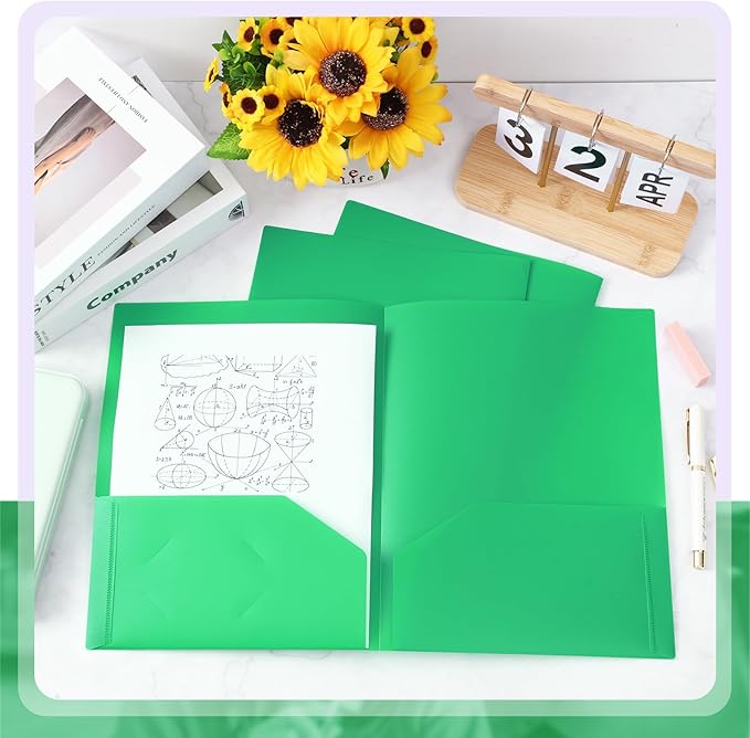 Gueevin 24 Pcs Plastic Folders with Pockets, Two Pocket Folder Fit Letter Size, Heavy Duty School Business Card Holder for Home Office School Bussiness, 11.61 x 9.45 Inches (Green)