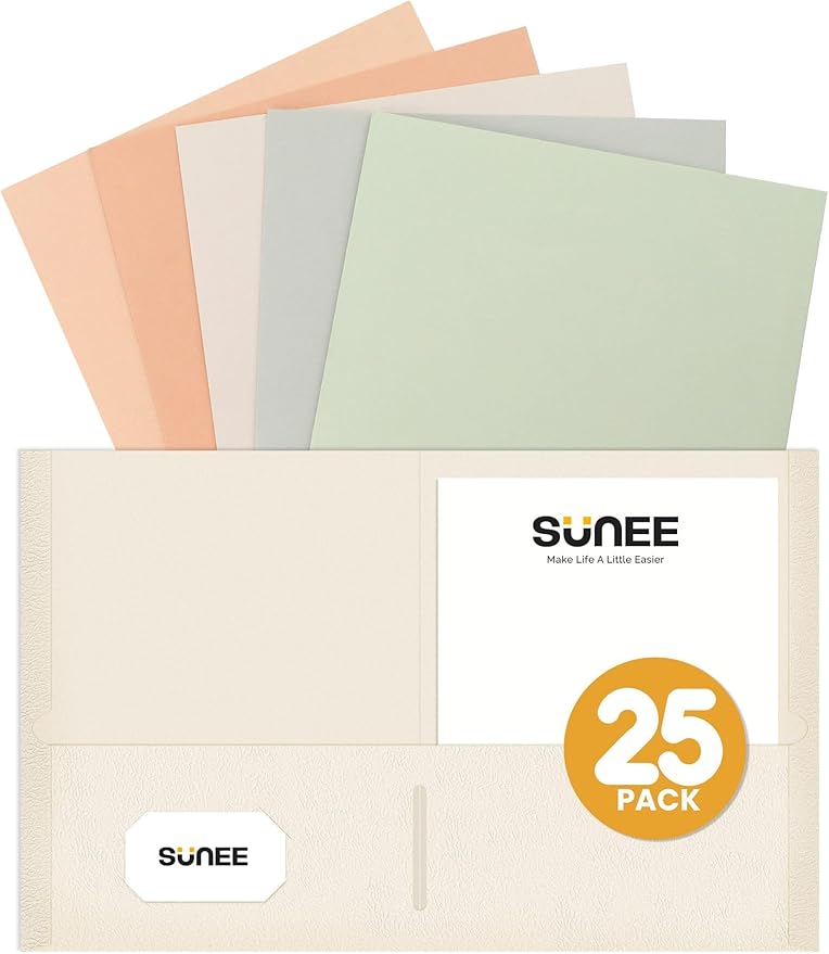 SUNEE Folders with Pockets (25 Pack, Vintage Colors), 2 Pocket Folders Fit Letter Size Paper, Paper File Folder for School Office Home Business