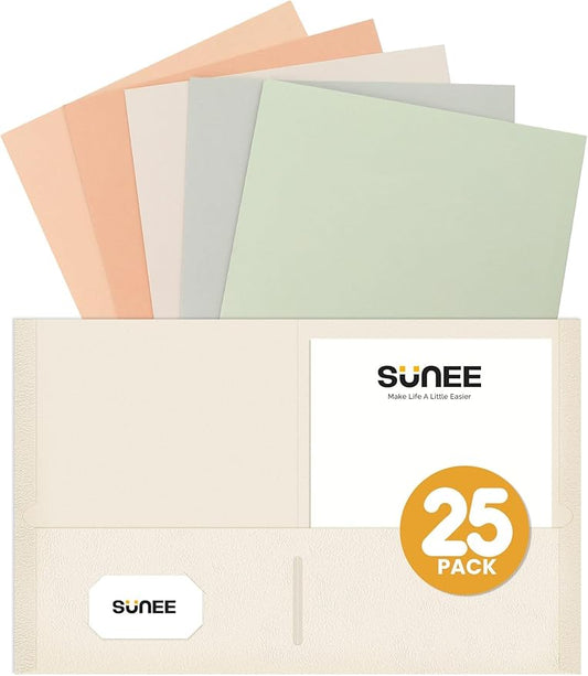 SUNEE Folders with Pockets (25 Pack, Vintage Colors), 2 Pocket Folders Fit Letter Size Paper, Paper File Folder for School Office Home Business