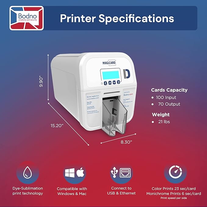 Bodno Magicard D Dual Sided ID Card Printer & Complete Supplies Package ID Software - Silver Edition