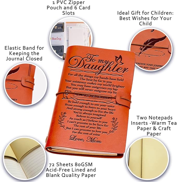 Daughter Gift from Mom, To My Daughter Leather Journal, 140 Page Refillable Writing Journal, Christmas Birthday Gifts for Daughter from Mom, Mother Daughter Gifts for Adults Daughter