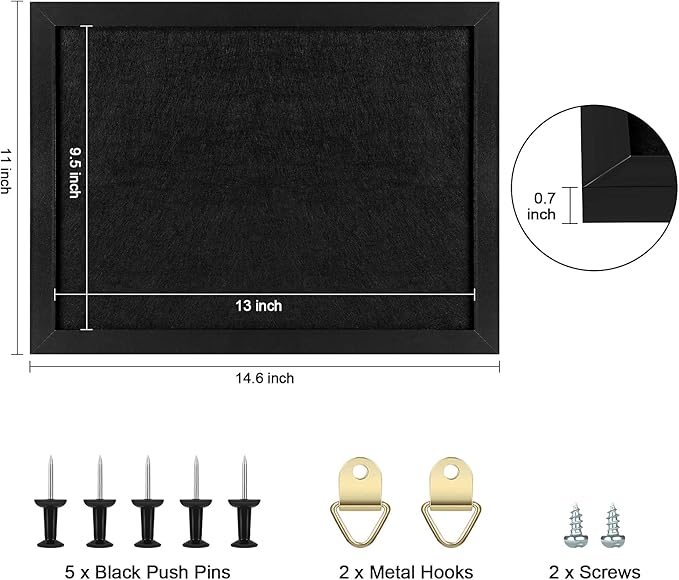 TORASO Cork Board Bulletin Board with Felt,Wood Framed Display Bulletin Board for Walls with Pins, Eye Bolts, gaskets, Screws, Pin Board for Office, School and Home(Black,1pc)