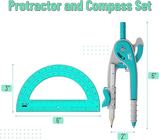 Mr. Pen- Compass and Protractor Set, Green, Compass Geometry Tool, Protractor and Compass Set, Compass Drawing Tool, Drawing Compass, Protractor Set, Geometry Compass, Math Compass for Geometry