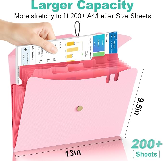 Sooez 7 Pocket Expanding File Folder, Premium Accordion File Organizer, Letter Size Folders for Documents, Sleek Filing Folders with Bungee Closure, Portable Folders for School Office Supplies, Pink