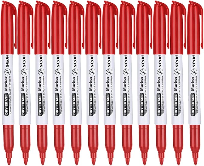 SFAIH Fine Tip Dry Erase Markers - 12 Pack Red Whiteboard Erasable Markers Bulk for Kids Adults, Ideal for Classroom School Office Home Use on White Board, Non-Toxic Easy Clean