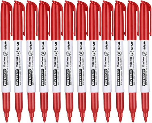 SFAIH Fine Tip Dry Erase Markers - 12 Pack Red Whiteboard Erasable Markers Bulk for Kids Adults, Ideal for Classroom School Office Home Use on White Board, Non-Toxic Easy Clean