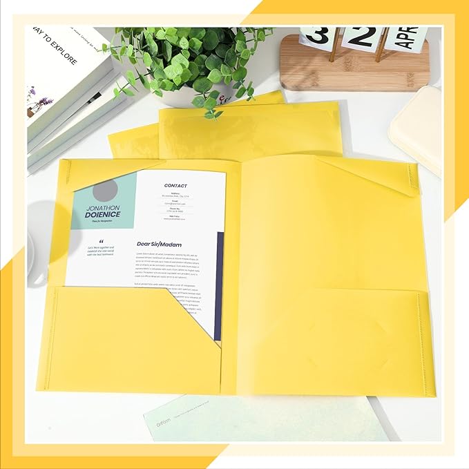 Henoyso 60 Pcs Plastic Folders with Clear Front Pockets Heavy Duty File Folders with 2 Pockets and Card Slot for Student Communication School Office Presentation Report (Yellow)