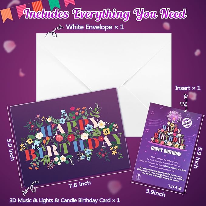 Birthday Cards Birthday Gifts for Women Flowers Fireworks Pop Up Cake Light and Music Happy Birthday Card