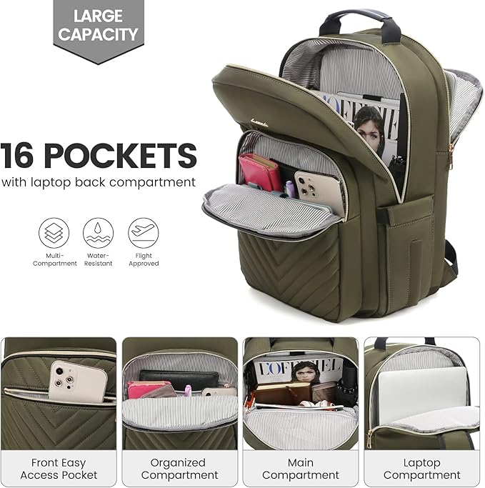 LOVEVOOK Laptop Backpack for Women 17.3 inch,Cute Womens Travel Backpack Purse,Professional Laptop Computer Bag,Waterproof Work Business College Teacher Bags Carry on Backpack with USB Port,Army green