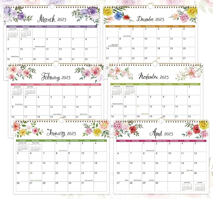2025 Calendar - 2025 Wall Calendar, January 2025 - June 2026, 14.5" x 11.5", 18 Monthly Wall Calendar 2025-2026, Twin-Wire Binding + Hanging Hook + Thick Paper, Floral