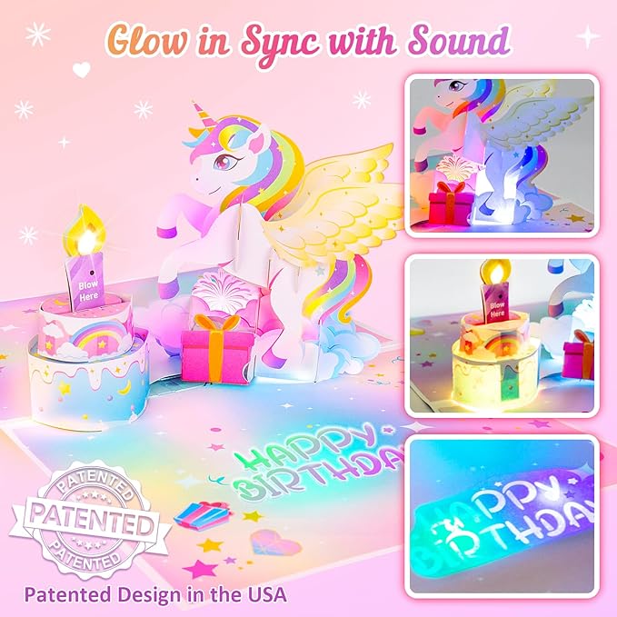 Birthday Card with Light&Music,Unicorn 3D Pop up Greeting Cards with Blowable Candle Birthday Gifts for Women Girls Daughter Sister Kids-With 0-9 DIY Number