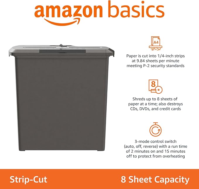 Amazon Basics 8-Sheet Strip Cut Paper, CD, and Credit Card Shredder, 3.4 gallons, Black