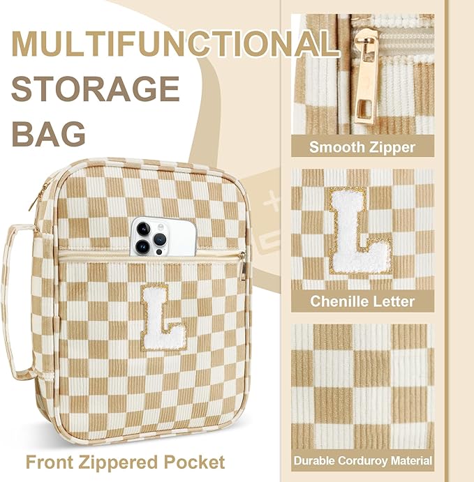 Personalized Initial Bible Cover Case for Women Girls Kid - Large Corduroy Bible Case with Handle, Stylish Chenille Letter Bag Study Supplies, Perfect Christmas Gifts for Christians Women (Khaki-L)