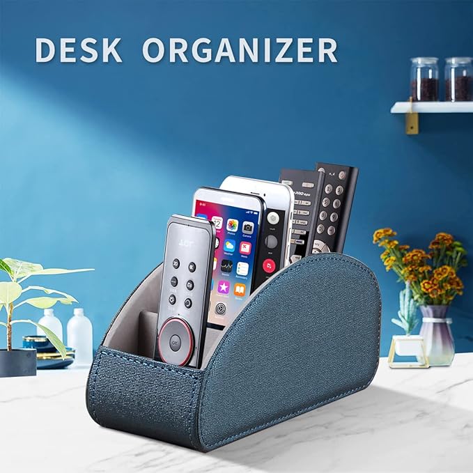 Remote Control Holder, Leather 5 Rooms Desk Organizer and Decorations for Living Room, Bedside Table Remotes Caddy for TV Controllers/ Makeup Brush Pen/ Office Stationery/ Art Supplies/ Eyeglasses