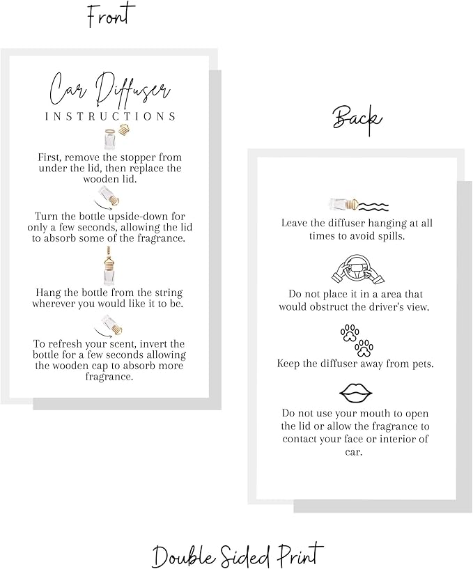 Car Diffuser Instruction Cards | Physical Printed 2" x 3.5" inches Business Card Size | Car Diffuser Supplies | White with Black Design