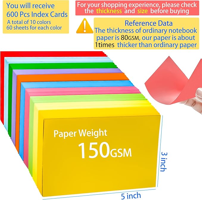 MotBach 600 Pieces Index Cards Flash Cards,3" x 5", 10 Color Assorted Color Blank Memo Note Cards Unlined Studying Record Index Cards To Do List for Home School Office Supplies