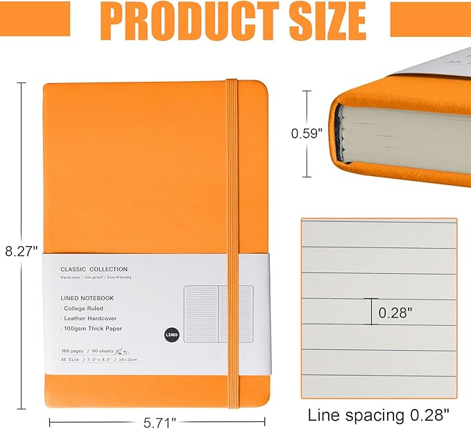 Lined Journal Notebook, (Orange), 160 Pages, Medium 5.7 inches x 8 inches - 100 gsm Thick Paper, Hardcover