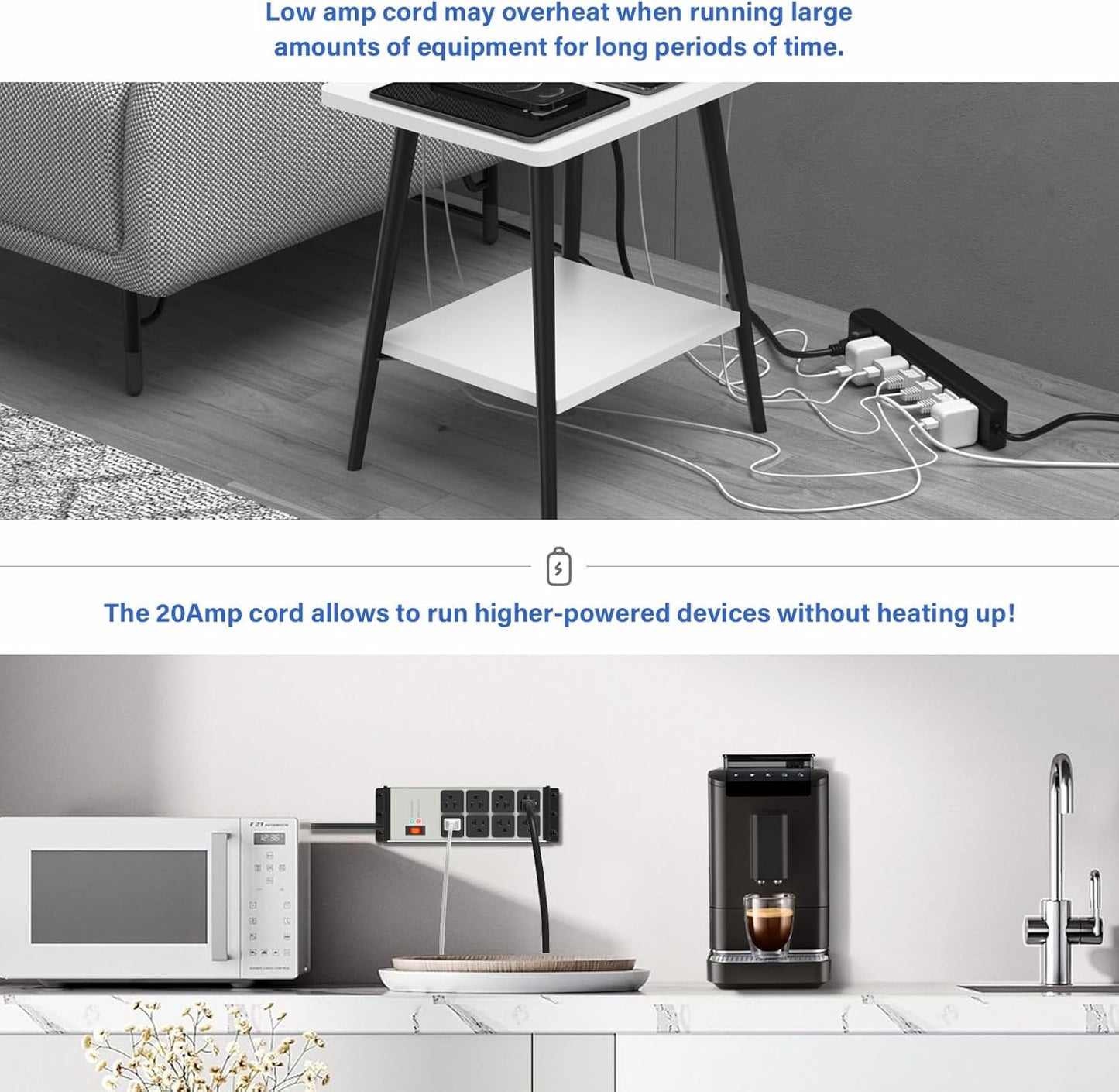 CCCEI 2PCS Heavy Duty Power Strip Surge Protector 20 AMP, 8 Outlets 12 Gauge Shop Garage Metal Multiple Outlets, 10 FT Extension Cord 5-15P Adapter High Amp 6-20R T-Slot 20a for Appliance Grey.