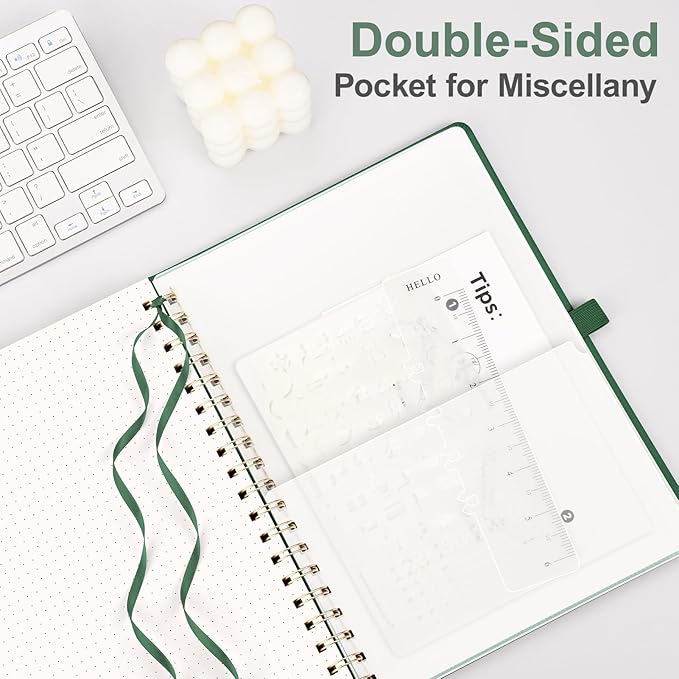 AHGXG Bullet Dotted Journal Spiral Notebook, Large B5 Dotted Notebook 140 Pages, Leather Hardcover, 100 GSM Thick Dot Grid Paper, Inner Pocket, for Bullet Journaling, 7.6" x 10", Green