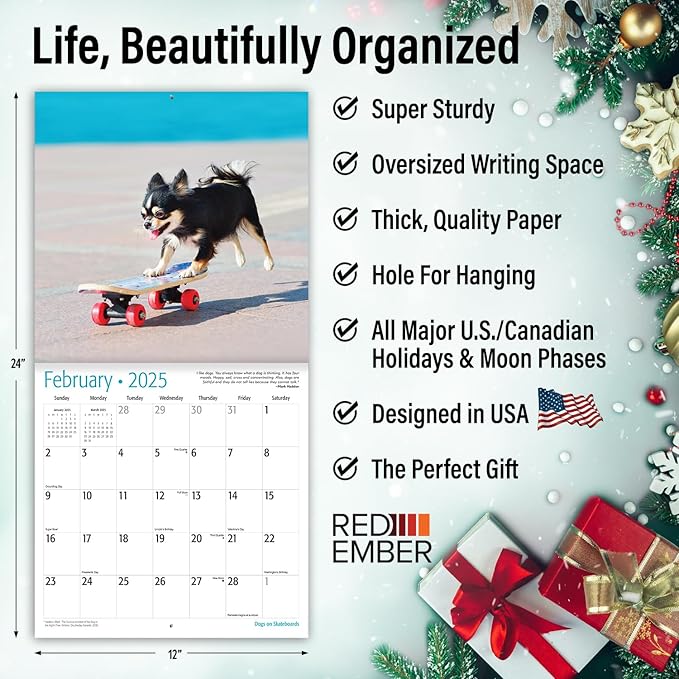 RED EMBER Dogs on Skateboards 2025 Wall Calendar 12 Month | 12" x 24" Open | Thick & Sturdy Paper | Giftable | Calendar 2025