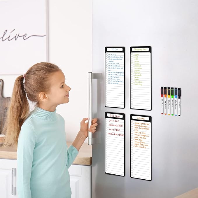 Magnetic Dry Erase List Board - 4"x12" Multifunctional List Board for Fridge - 6 Extra Fine Point Markers Included - Shipped Flat