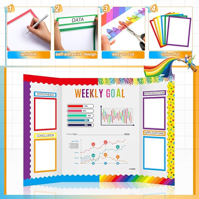 90 Pcs Science Fair Board Supplies 60 Trim Scalloped Bulletin Board Borders 24 Presentation Board Subtitles 6 Science Fair Titles for Classroom Display Boards (Rainbow)