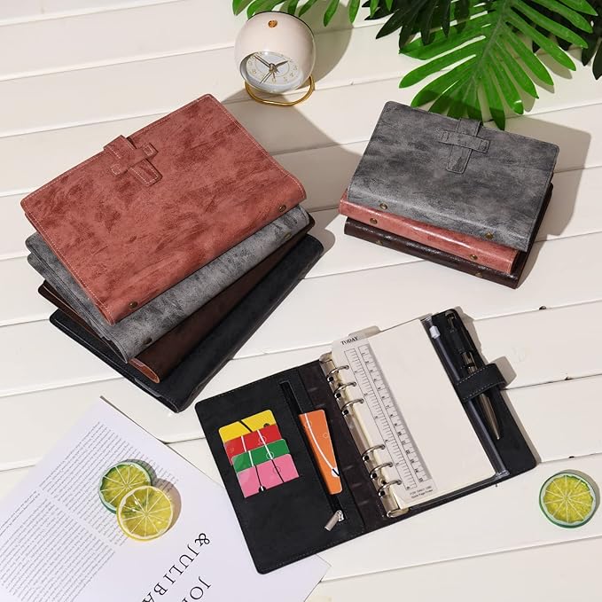 Wonderpool Leather Journal Refillable Binder A6 Writing Notebook Folder Organiser with Dotted Paper & Multi Pockets Cover for Business School Travel (A6, Brown)