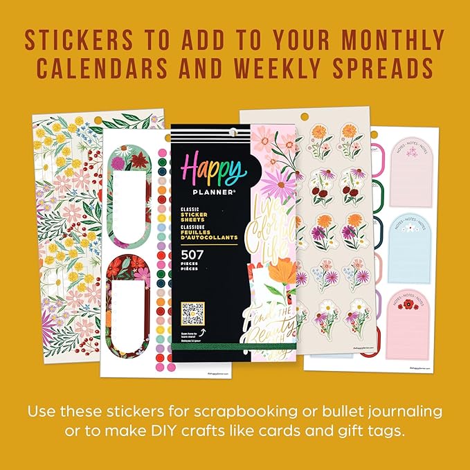 Happy Planner Sticker Pack for Calendars, Journals, and Planners, Easy-Peel Stickers and Scrapbook Accessories, Classic Size, Blooming Bouquet, 30 Sheets, 507 Total Stickers